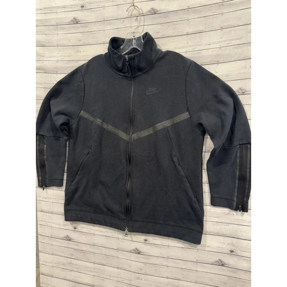 Nike Tech Fleece Jacket Sz Small Black Sweatshirt Full Zip Pockets 3/4 Sleeve